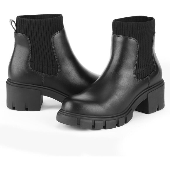 Women's Ankle Boots Comfy Chelsea Mid Heel Elastic Chunky Heel - Picture 2 of 6